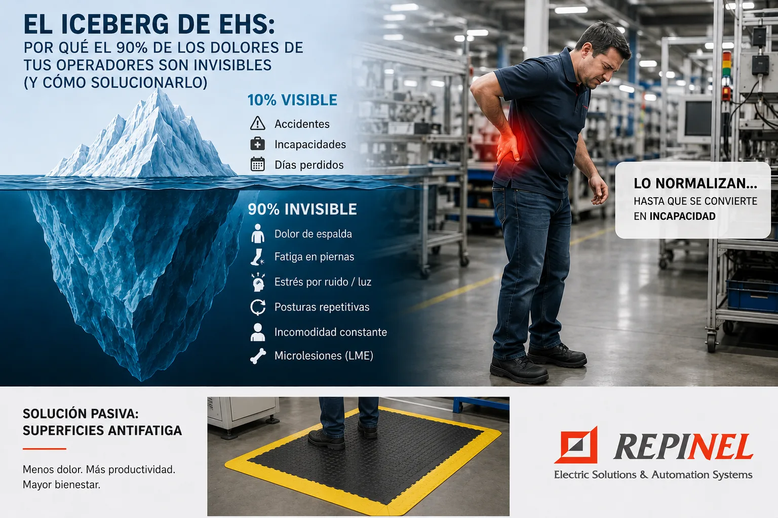 Infografía del iceberg de EHS mostrando riesgos ergonómicos invisibles como fatiga, dolor de espalda y posturas repetitivas en operadores industriales, con solución de tapetes antifatiga FlexRite en planta maquiladora